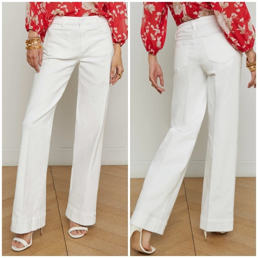 New L’Agence Nolan High Rise Wide Leg Jeans Blanc White Patch Pockets Sz 23